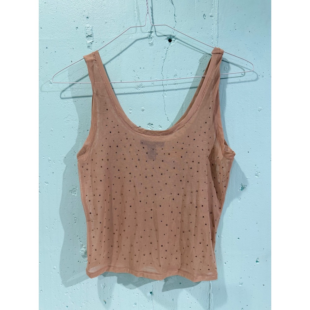 Forever 21 Women Tan Mesh Rhinestone Tank Top Sheer Sleeveless Scoop Neck Large‎